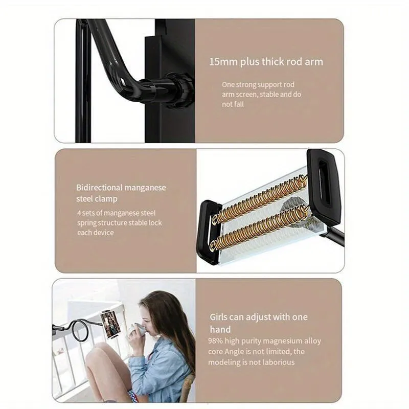 1pc Adjustable Phone Tablet Stand, 100cm Flexible Arm, 360° Rotating Double Clamp Holder, Plastic Spiral Base, Desktop Bedside Bracket For Live Streaming, TV, And Lazy Usage