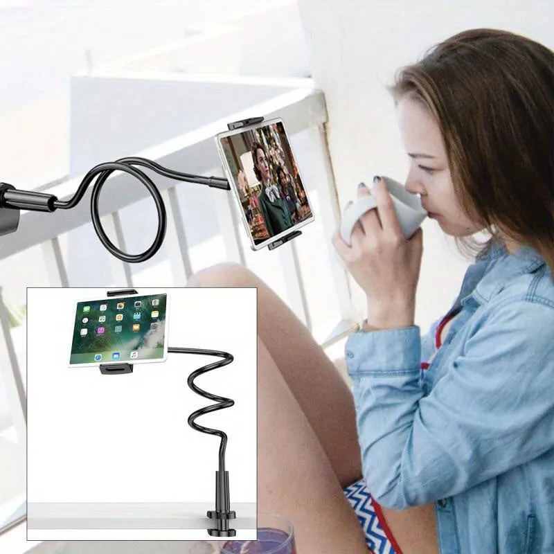 1pc Adjustable Phone Tablet Stand, 100cm Flexible Arm, 360° Rotating Double Clamp Holder, Plastic Spiral Base, Desktop Bedside Bracket For Live Streaming, TV, And Lazy Usage