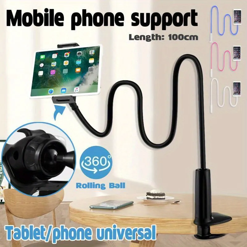 1pc Adjustable Phone Tablet Stand, 100cm Flexible Arm, 360° Rotating Double Clamp Holder, Plastic Spiral Base, Desktop Bedside Bracket For Live Streaming, TV, And Lazy Usage