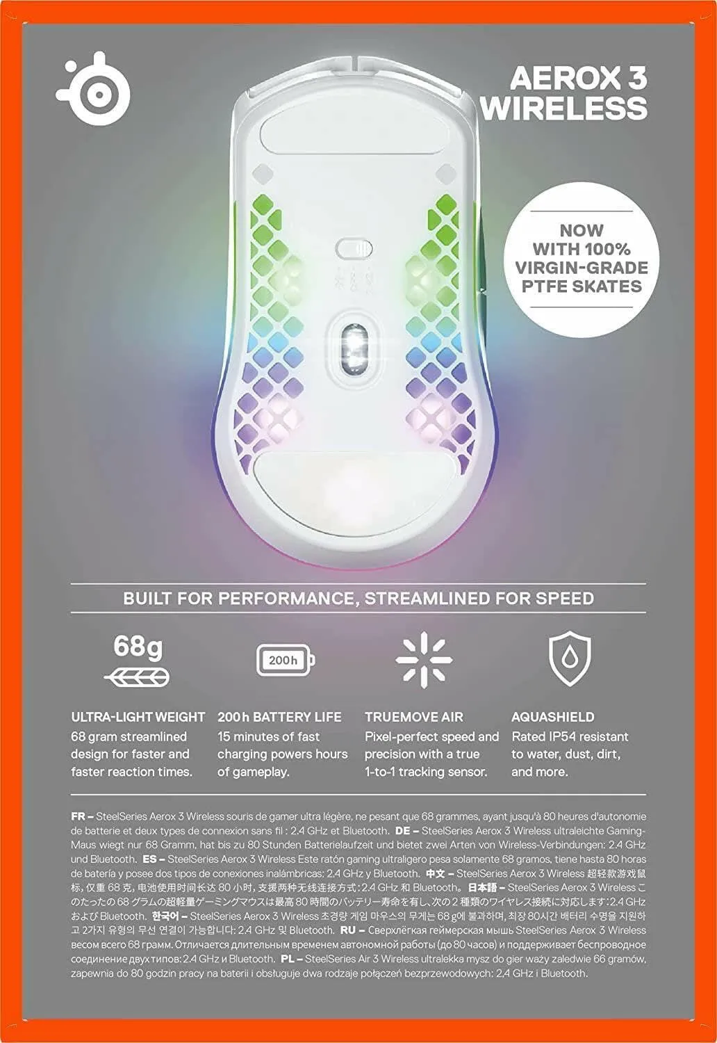 Aerox 3 Wireless Gaming Mouse - Ultra-Lightweight 68G Design with 18,000 CPI Truemove Air Optical Sensor, Water Resistant, and 200 Hour Battery Life - Snow Edition