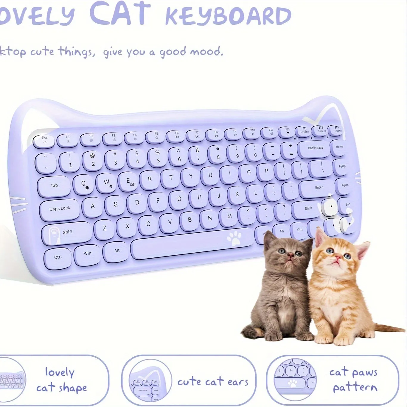 ajazz Wireless Cute Computer Keyboard 80% Percent Lovely Cat Retro Silent Slim BT Keyboard with Typewriter Round Matte Texture Keycap Multi Device Connection for PC Laptop Mac