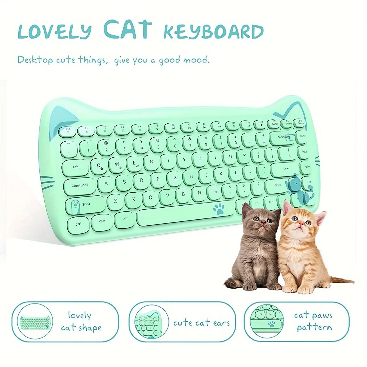 ajazz Wireless Cute Computer Keyboard 80% Percent Lovely Cat Retro Silent Slim BT Keyboard with Typewriter Round Matte Texture Keycap Multi Device Connection for PC Laptop Mac