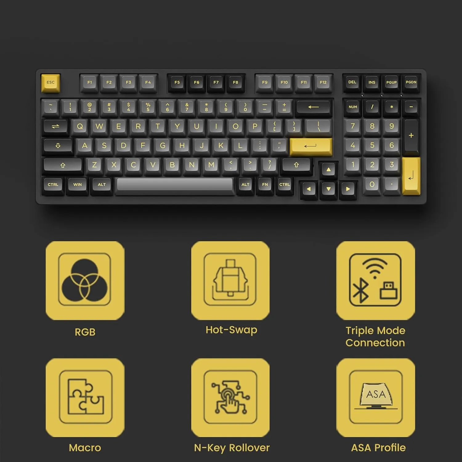 Akko Black & Gold 3098B Plus Hot-swappable Wireless Mechanical Keyboard with RGB Backlight, PBT Keycaps