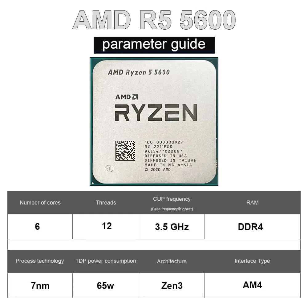 AMD New Ryzen 5 5600 R5 5600 CPU Game Processor Socket AM4 6-Core