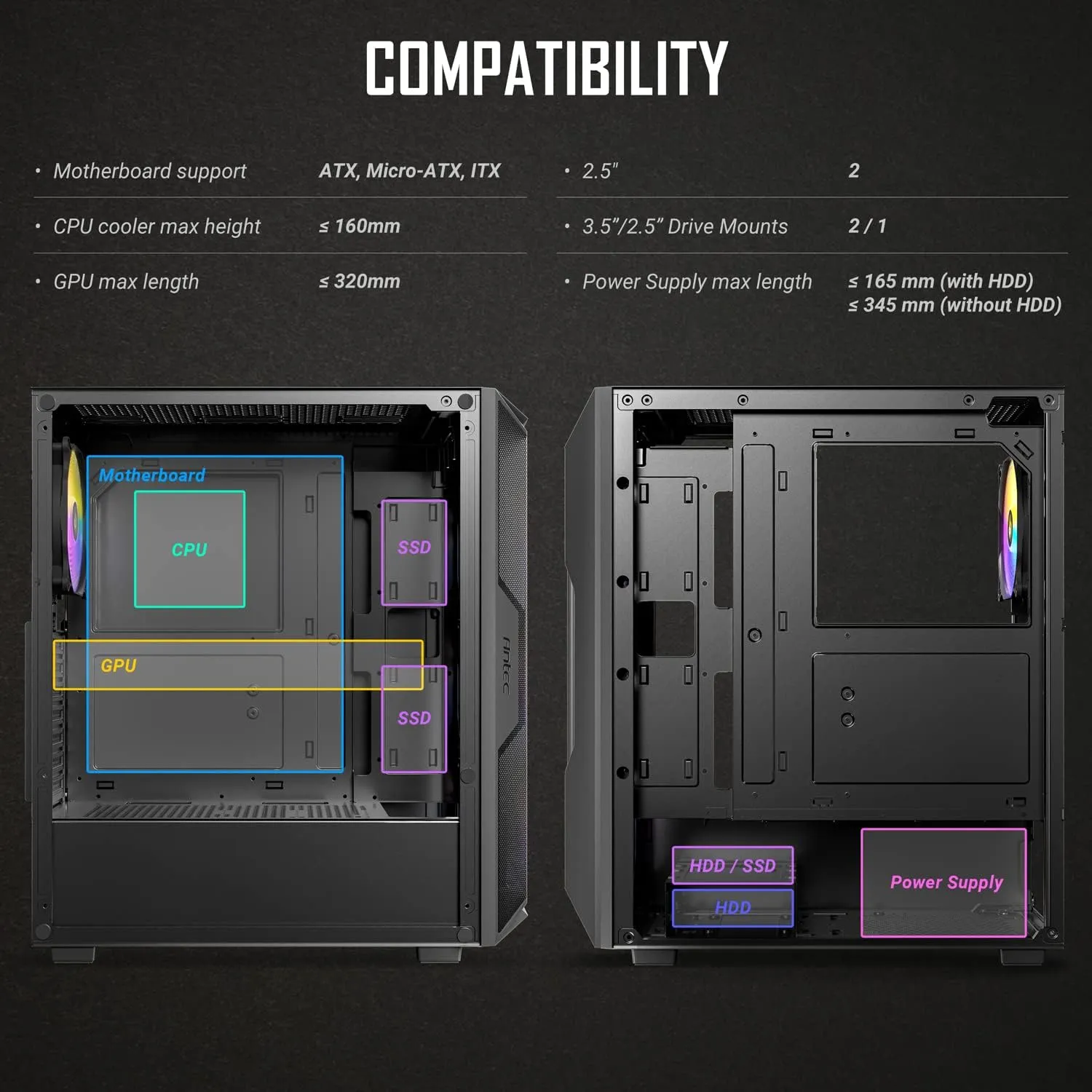 Antec AX61 Elite Gaming PC Case w/ Glass Window, ATX, Mesh Front, 4 ARGB Fans, LED Control Button