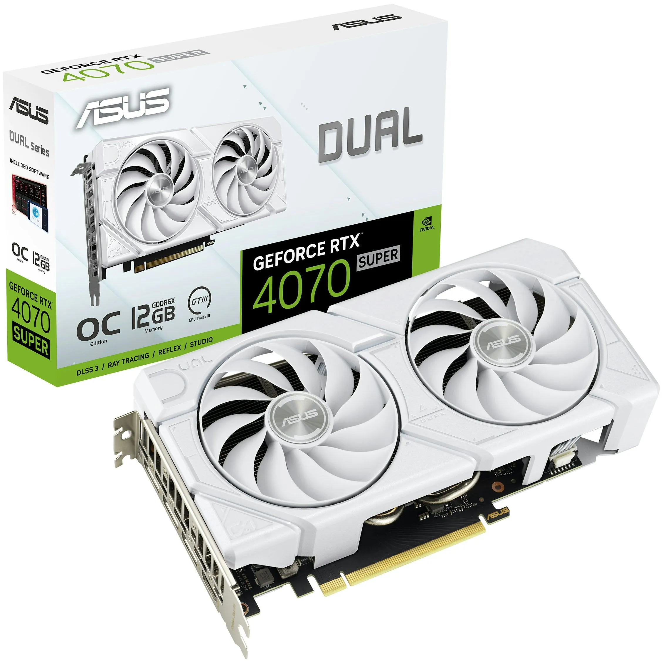 Asus DUAL RTX 4070 Super EVO OC Graphics Card, PCIe4, 12GB DDR6X, HDMI, 3 DP, 2550MHz Clock, Overclocked, White