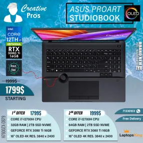 Asus Proart Studiobook H7600ZX-DB79 Core i7-12700h Rtx 3080 Ti 16" 4k Oled Creator Laptops (Brand New)