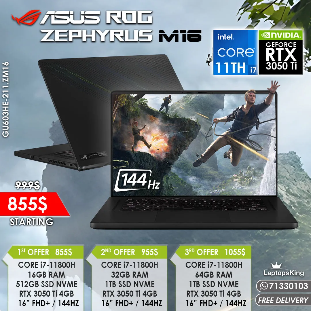 Asus Rog Zephyrus M16 GU603HE-211.ZM16 Core i7-11800h Rtx 3050 Ti 144hz 16” Gaming Laptops (New OB)