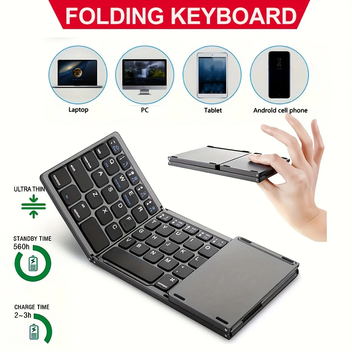 B033 Wireless Three Fold Keyboard For Computer Office Mute Ultra-thin Portable Keyboard Three System With Touchpad, Very Suitable For Android/IOS/Windows/Mac And Other Systems