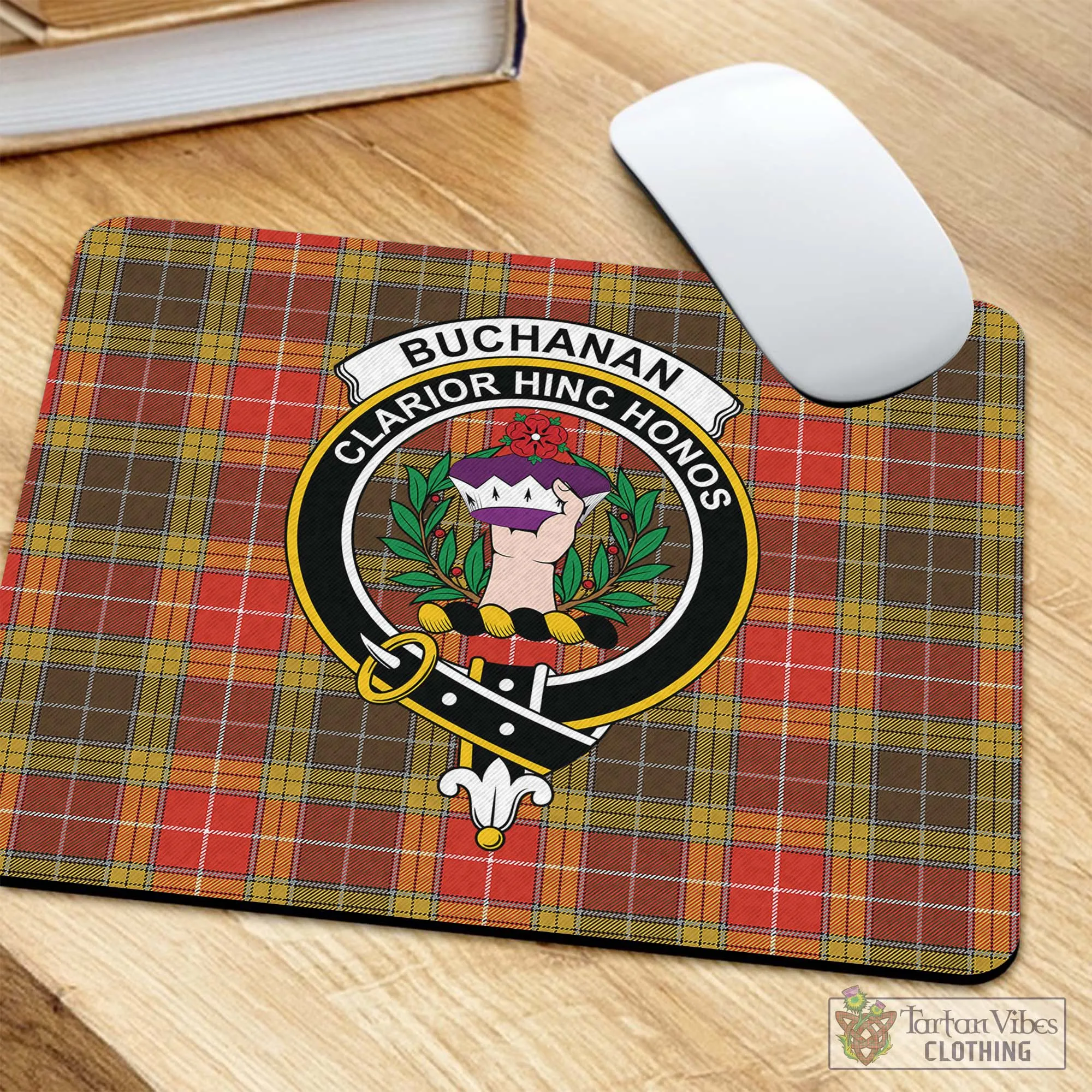 Buchanan Old Set Weathered Tartan Mouse Pad with Family Crest