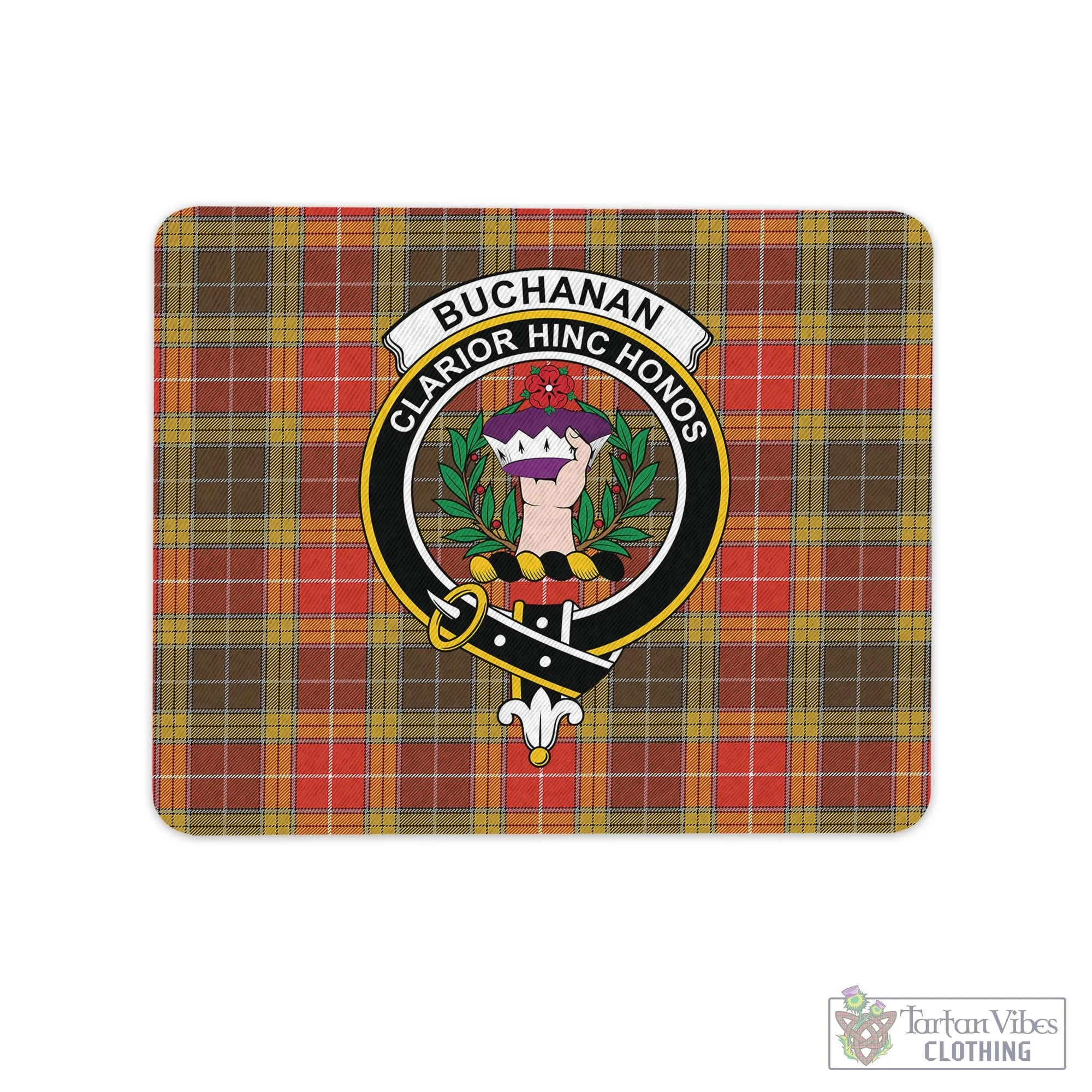 Buchanan Old Set Weathered Tartan Mouse Pad with Family Crest