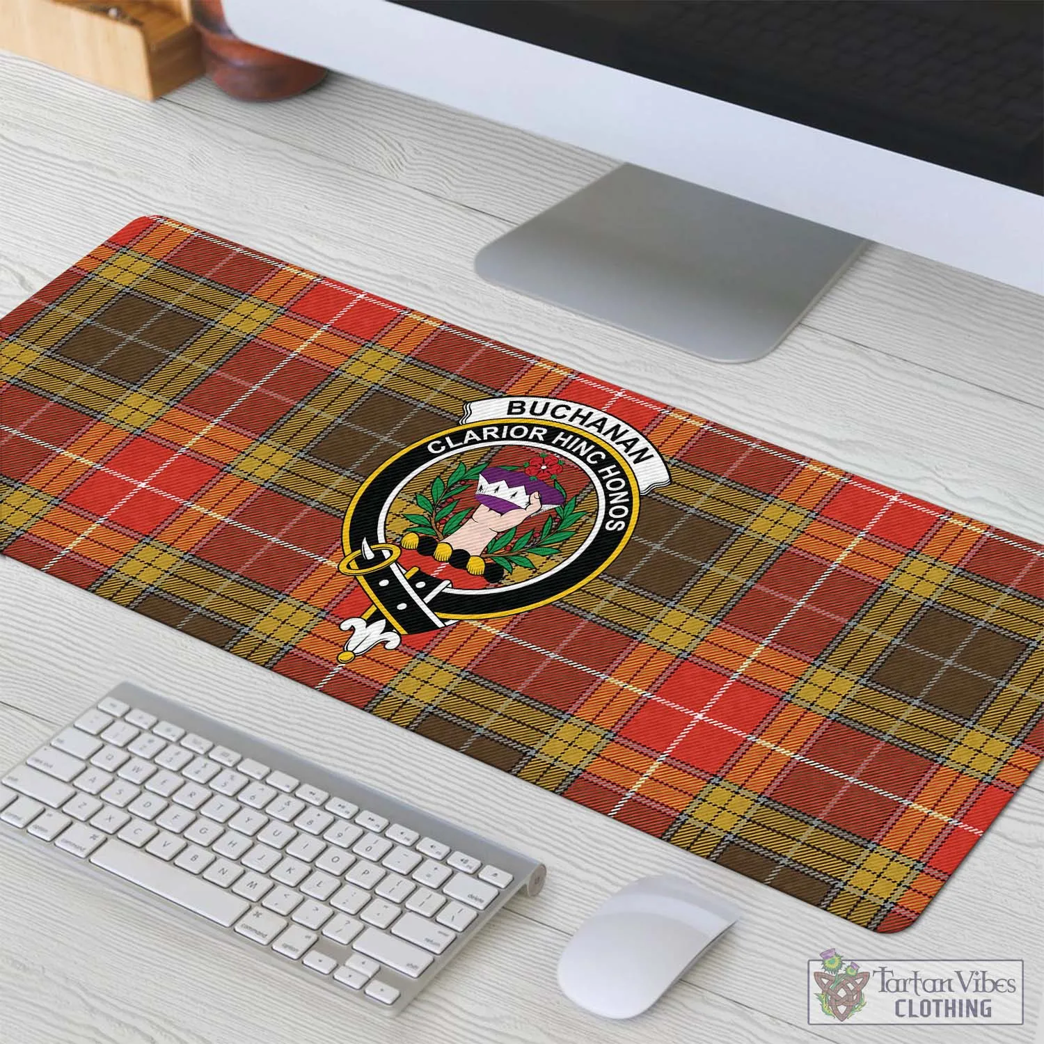 Buchanan Old Set Weathered Tartan Mouse Pad with Family Crest