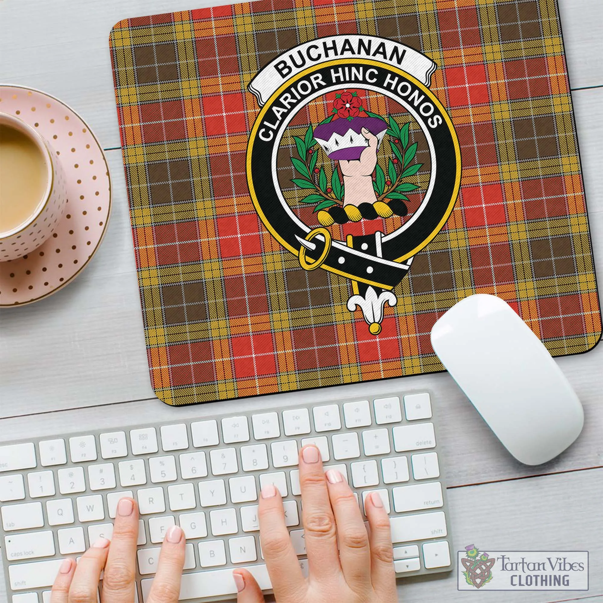 Buchanan Old Set Weathered Tartan Mouse Pad with Family Crest