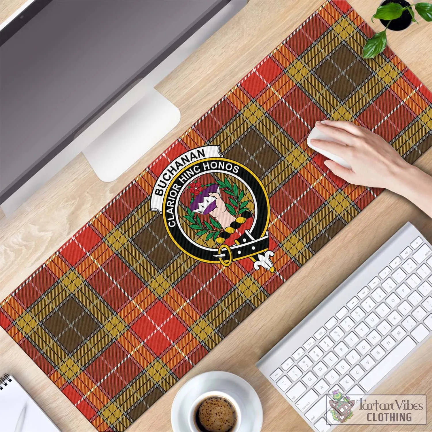 Buchanan Old Set Weathered Tartan Mouse Pad with Family Crest