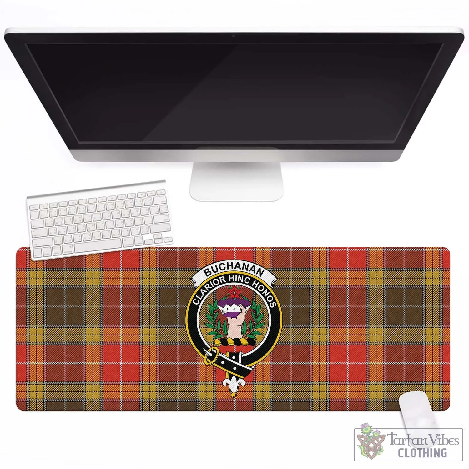 Buchanan Old Set Weathered Tartan Mouse Pad with Family Crest