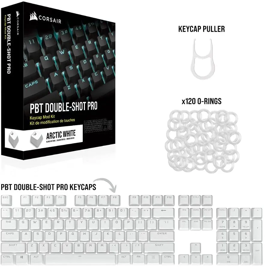 Corsair Keycap PBT Double-Shot PRO Keycap Mod Kit – Double-Shot PBT Keycaps – Standard Bottom Row – Textured Surface - (Arctic White)