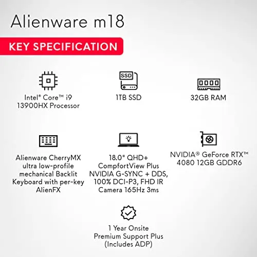 Dell [SmartChoice Alienware m18 R1 Gaming Laptop, Intel Core i9-13900HX processor/32GB/1TB SSD/NVIDIA RTX 4080 12GB GDDR6/18.0"(45.72cm) QHD 165Hz/Win 11   MSO'21/15 Month McAfee/Backlit KB