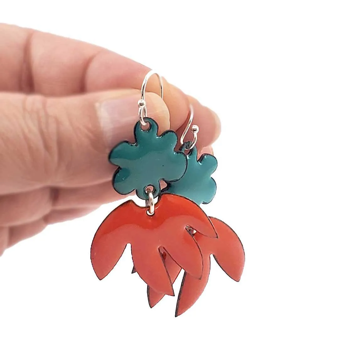 Earrings - Flower Pointy Leaf Dangle (Teal Orange) by Magpie Mouse Studios