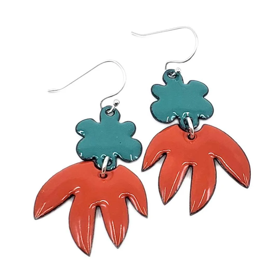 Earrings - Flower Pointy Leaf Dangle (Teal Orange) by Magpie Mouse Studios