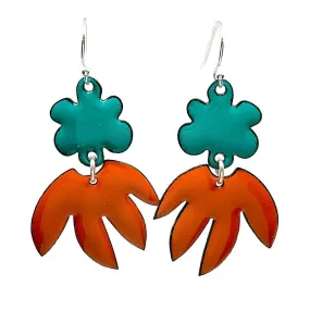 Earrings - Flower Pointy Leaf Dangle (Teal Orange) by Magpie Mouse Studios