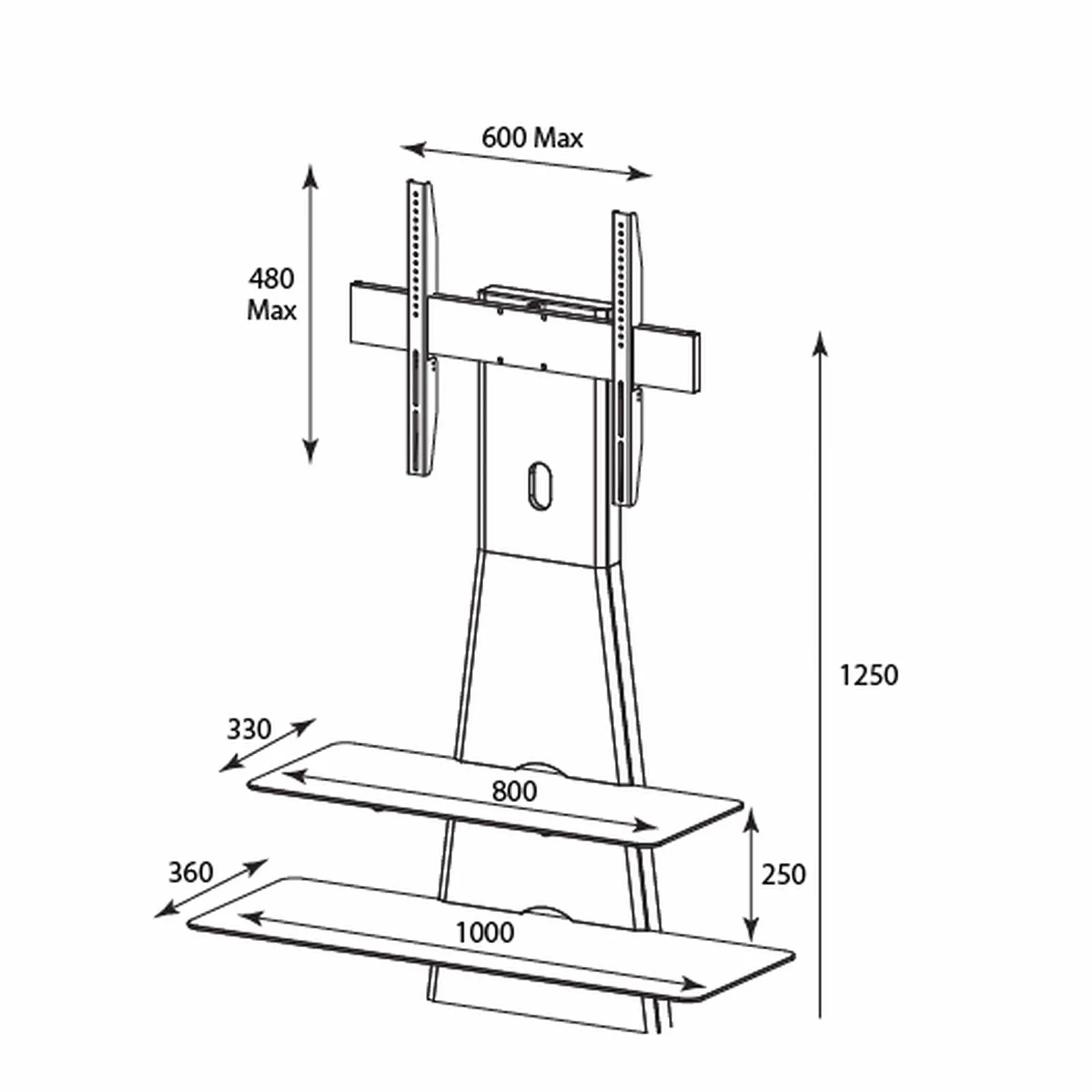 Electra Black Wall Mount TV Stand with Bracket Mount, Two Shelves, Cable Management by Tauris