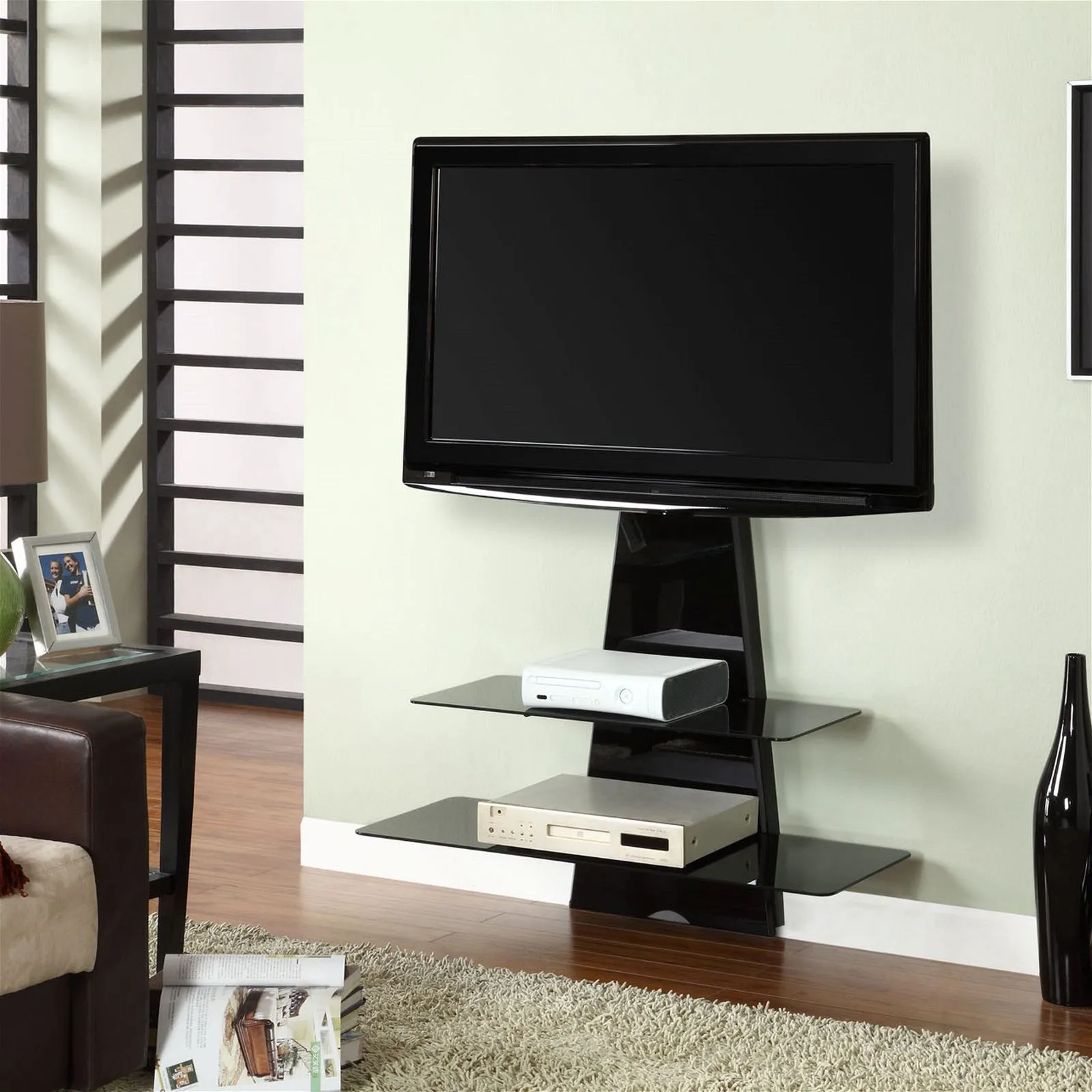 Electra Black Wall Mount TV Stand with Bracket Mount, Two Shelves, Cable Management by Tauris