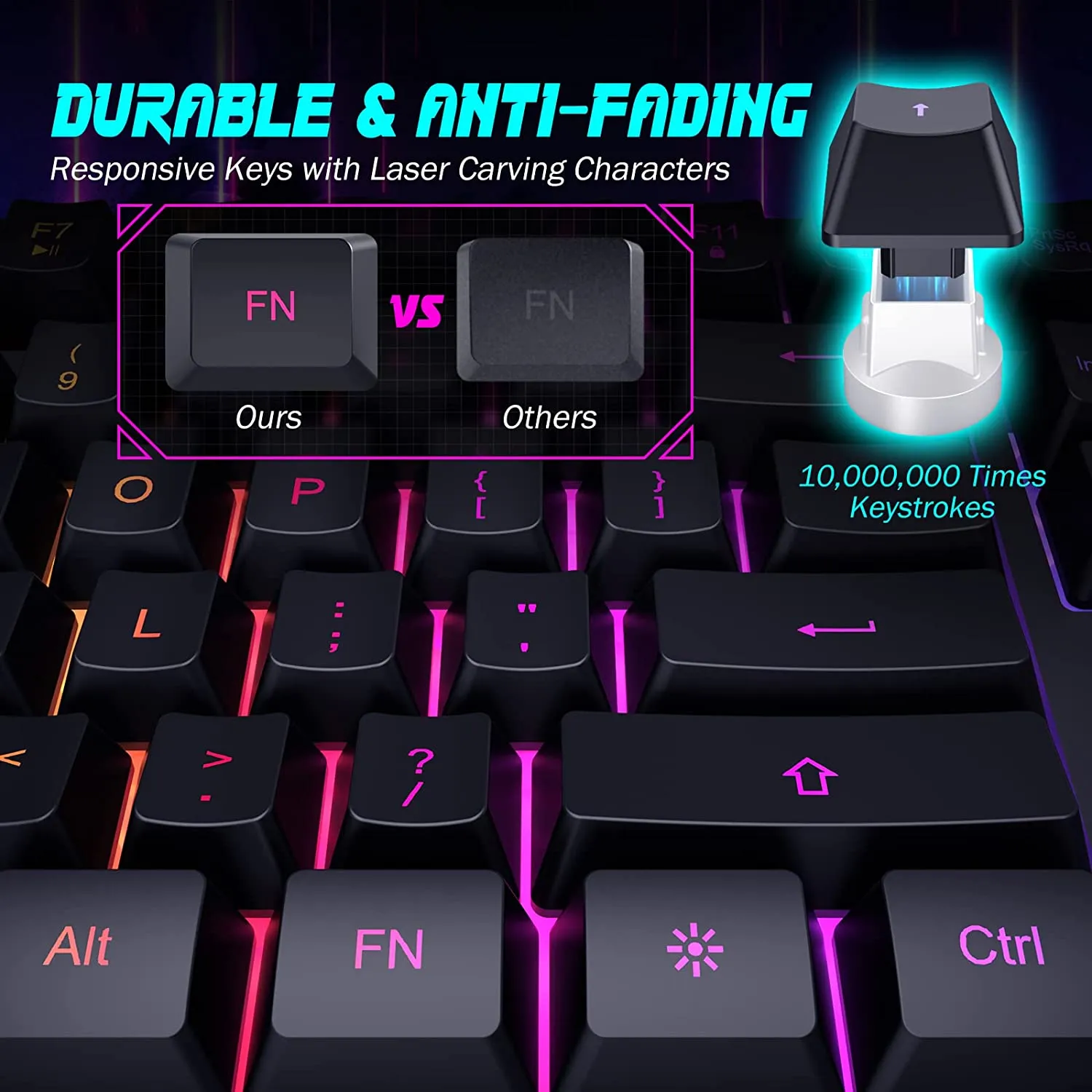 Gaming Keyboard, 7-Color Rainbow LED Backlit, 104 Keys Quiet Light Up Keyboard