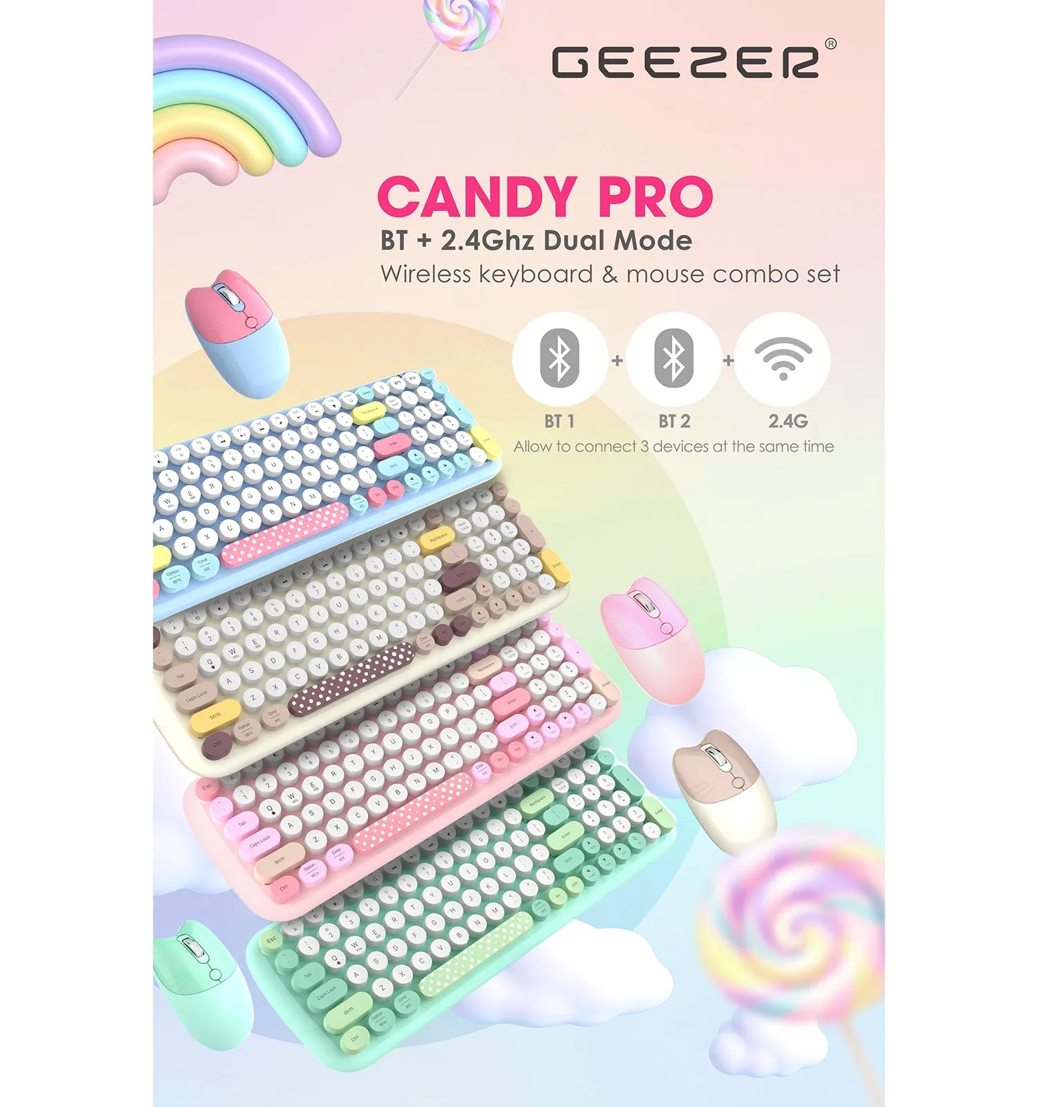 GEEZER Candy Pro Bluetooth Wireless Keyboard and Mouse Combo Set with Retro Cute Design - Blue/Pink/Green