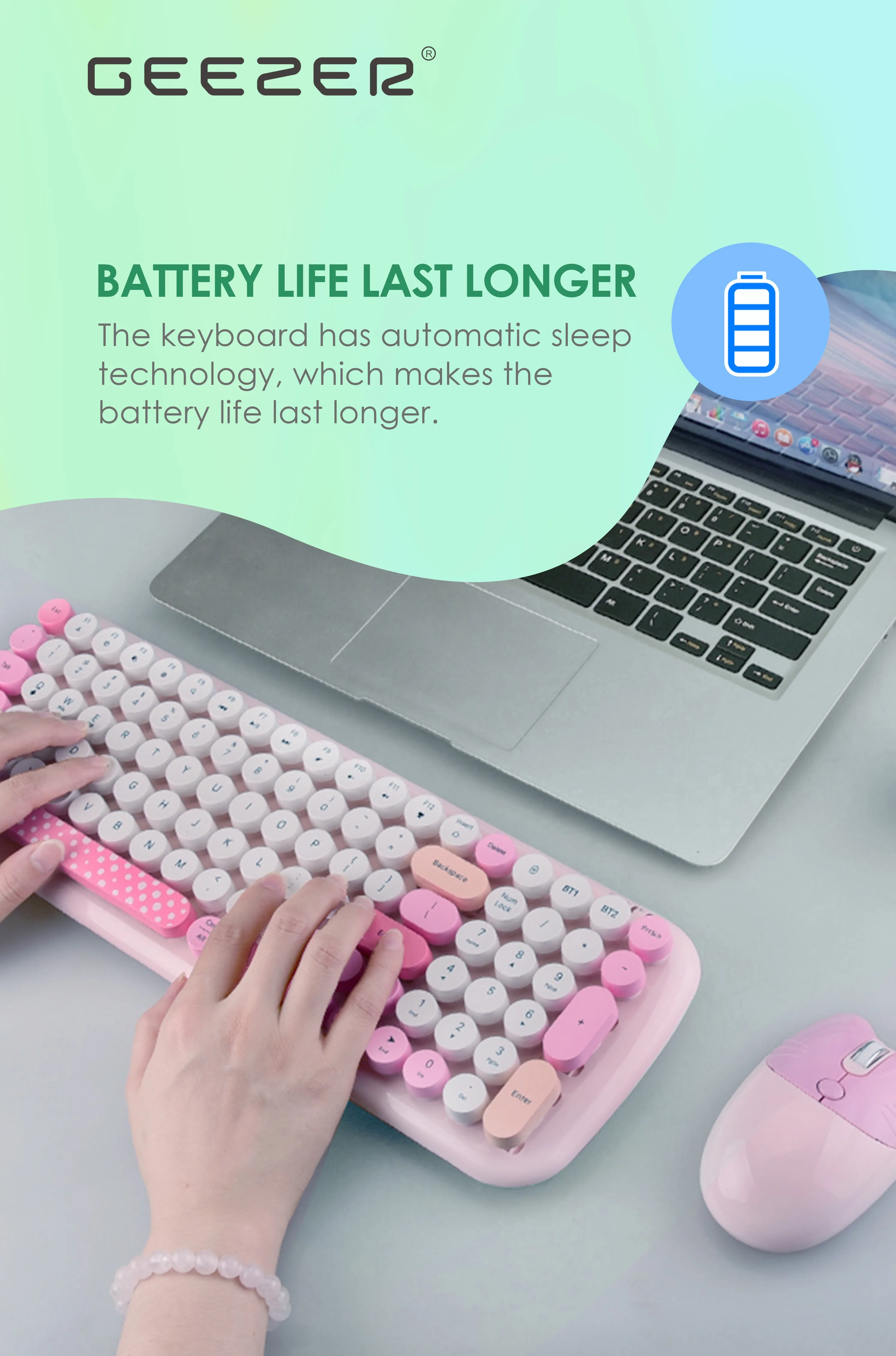 GEEZER Candy Pro Bluetooth Wireless Keyboard and Mouse Combo Set with Retro Cute Design - Blue/Pink/Green