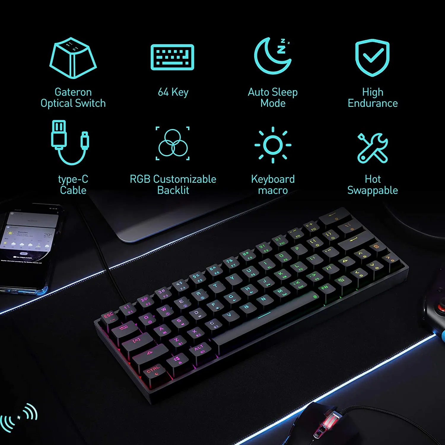 GIM 64 Keys Gateron Mechanical Gaming Keyboard, RGB Backlit Hot Swappable Wired Keyboard with Full Keys Programmable