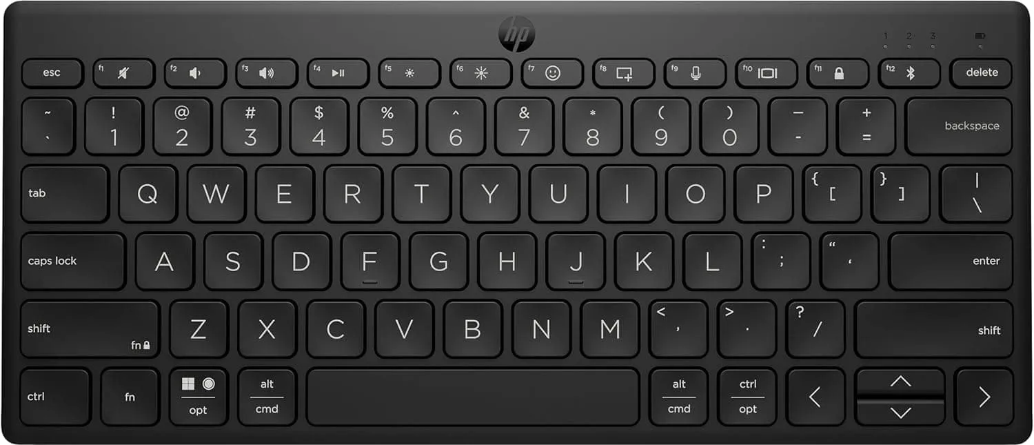 HP 350 Compact Bluetooth Keyboard. Connect up to 3 devices via Bluetooth 5.2, Multi-OS, with SMART shortcuts, dictation and emoji keys, made from 60% recycled materials, Black