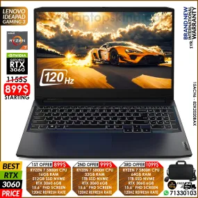 Lenovo IdeaPad Gaming 3 15ACH6 - 82K2020BAX Ryzen 7 5800h Rtx 3060 120hz Gaming Laptops (Brand New)