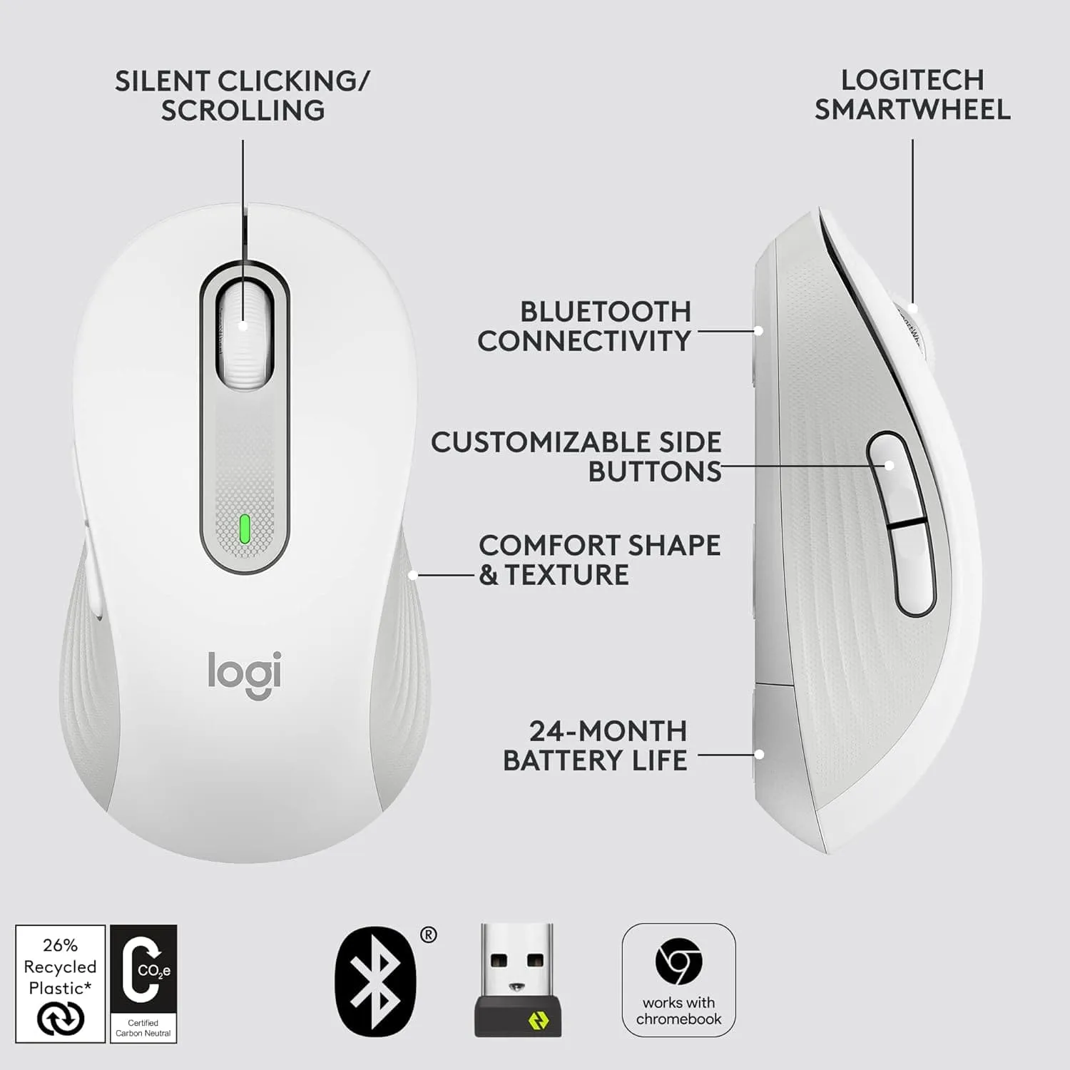 Logitech Signature M650 L Full Size Wireless Mouse - For Large Sized Hands, 2-Year Battery, Silent Clicks, Customisable Side Buttons, Bluetooth, for PC/Mac/Multi-Device/Chromebook - White