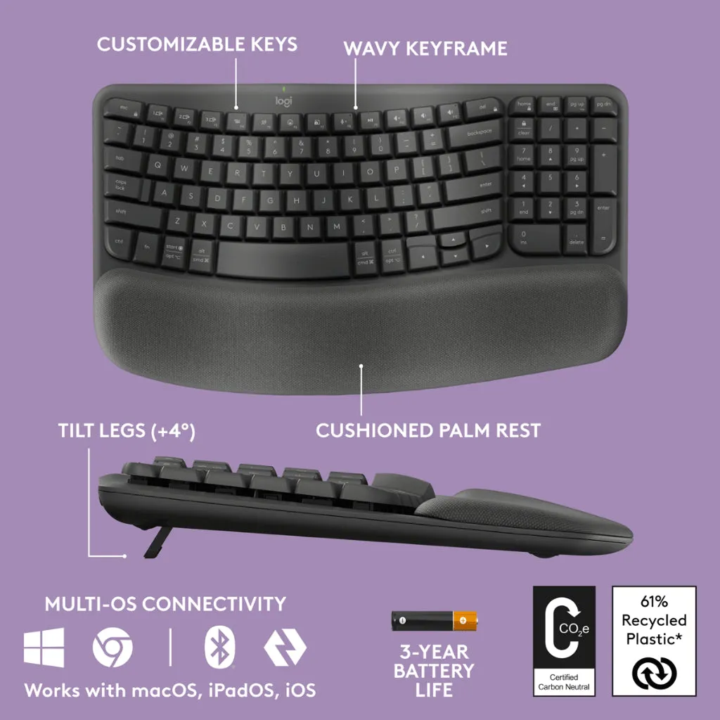 Logitech Wave Keys Wireless Ergonomic Keyboard with Cushioned Palm Rest, Comfortable Natural Typing, Easy-Switch