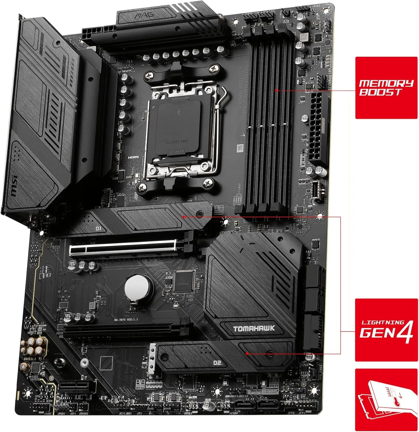 MSI MAG B650 Tomahawk WiFi Gaming Motherboard ATX, DDR5, AMD AM5, WiFi 6E, HDMI, DP, PCIe4