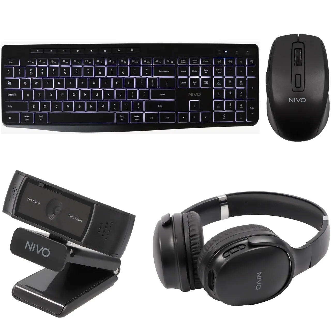 NIVO 4 In 1 Home Office Bundle Wireless Keyboard Mouse HD Webcam Headphones Combo Set