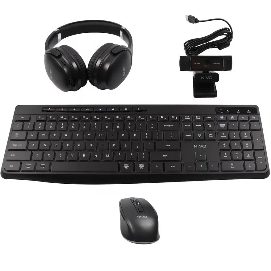 NIVO 4 In 1 Home Office Bundle Wireless Keyboard Mouse HD Webcam Headphones Combo Set