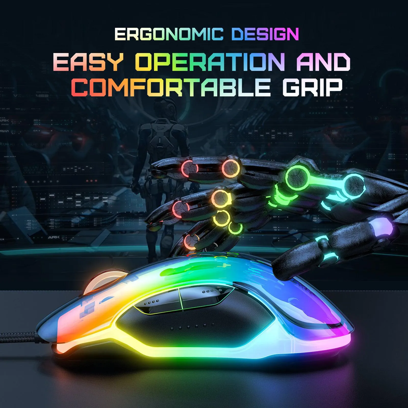 ONIKUMA CW925 RGB Backlit Wired Gaming Mouse, Up to 12800 DPI, Light weight, Transparent Black