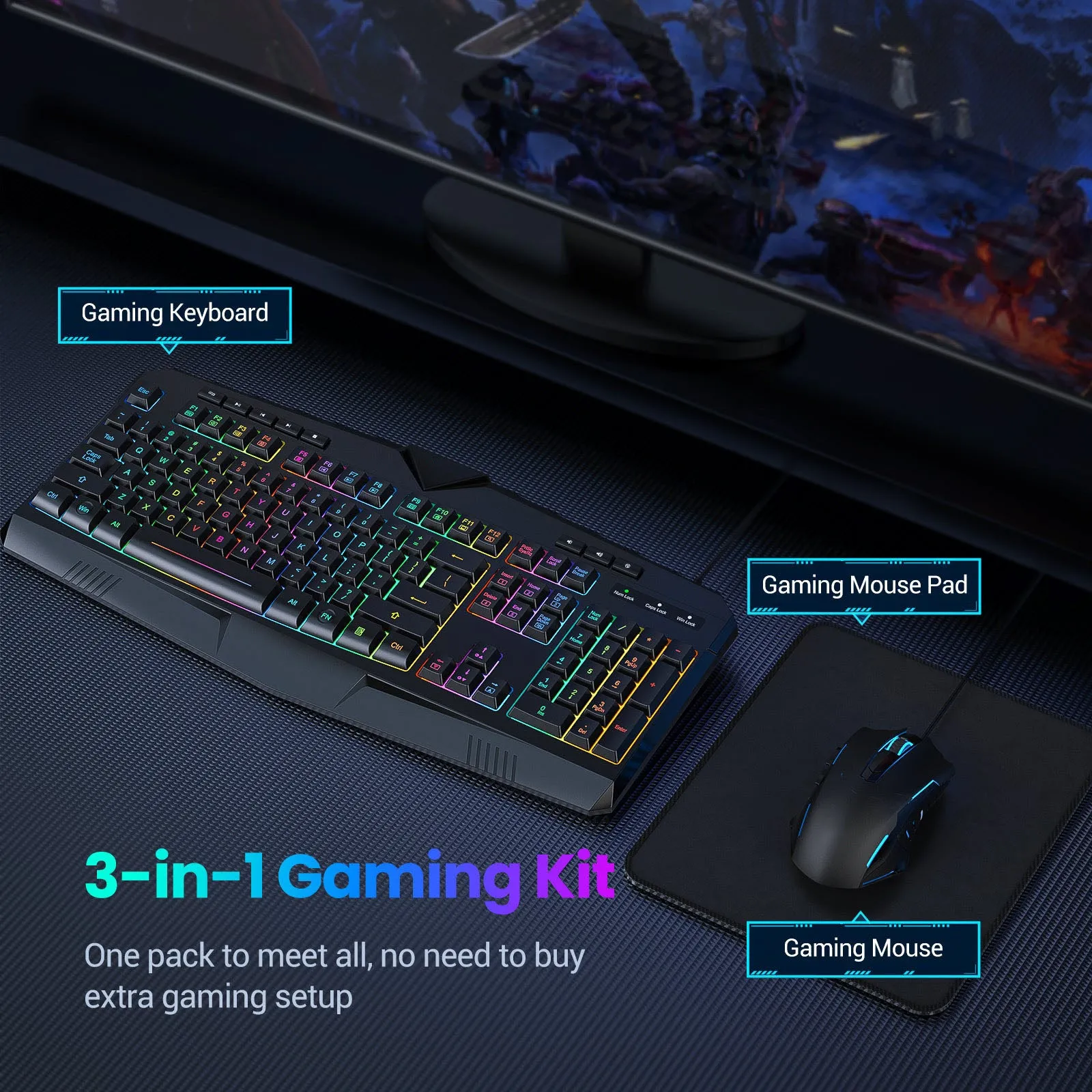 PC264 RGB Gaming Keyboard Mouse Mousepad Set, 3-in-1