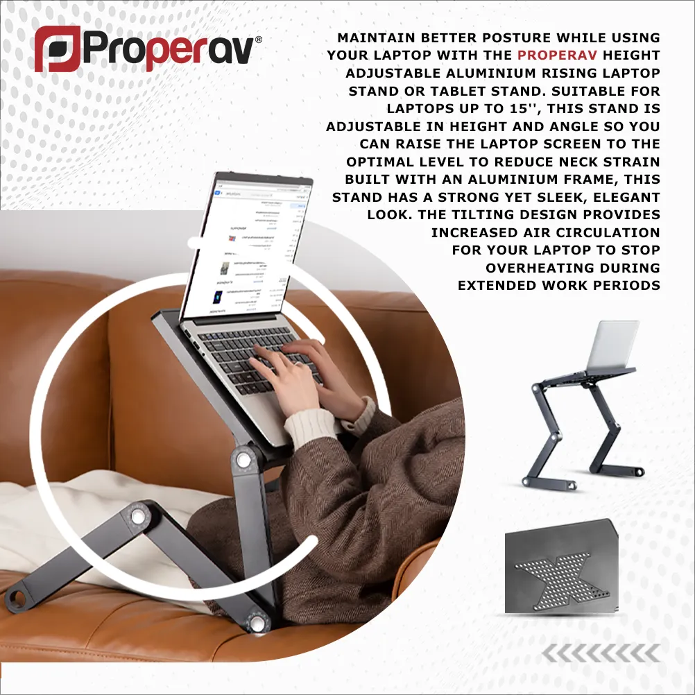 ProperAV Laptop Stand for Bed / Sofa / Desk with Adjustable Legs & Mouse Pad - Black