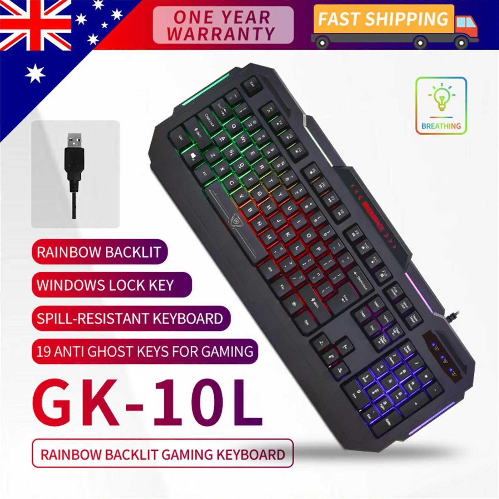 Rainbow Backlit Gaming Keyboard 4-fn   Multimedia Key and Windows Lock USB 2.0