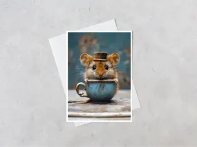 Salty Alyce - Mouse in Aqua Vintage China Tea Cup Blank Card 107AS