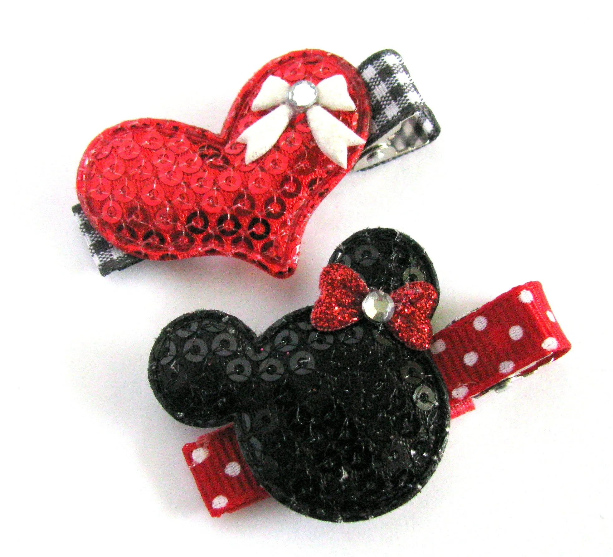 Sequin Mouse with Red Pink Bow and Heart Hair Clip Set