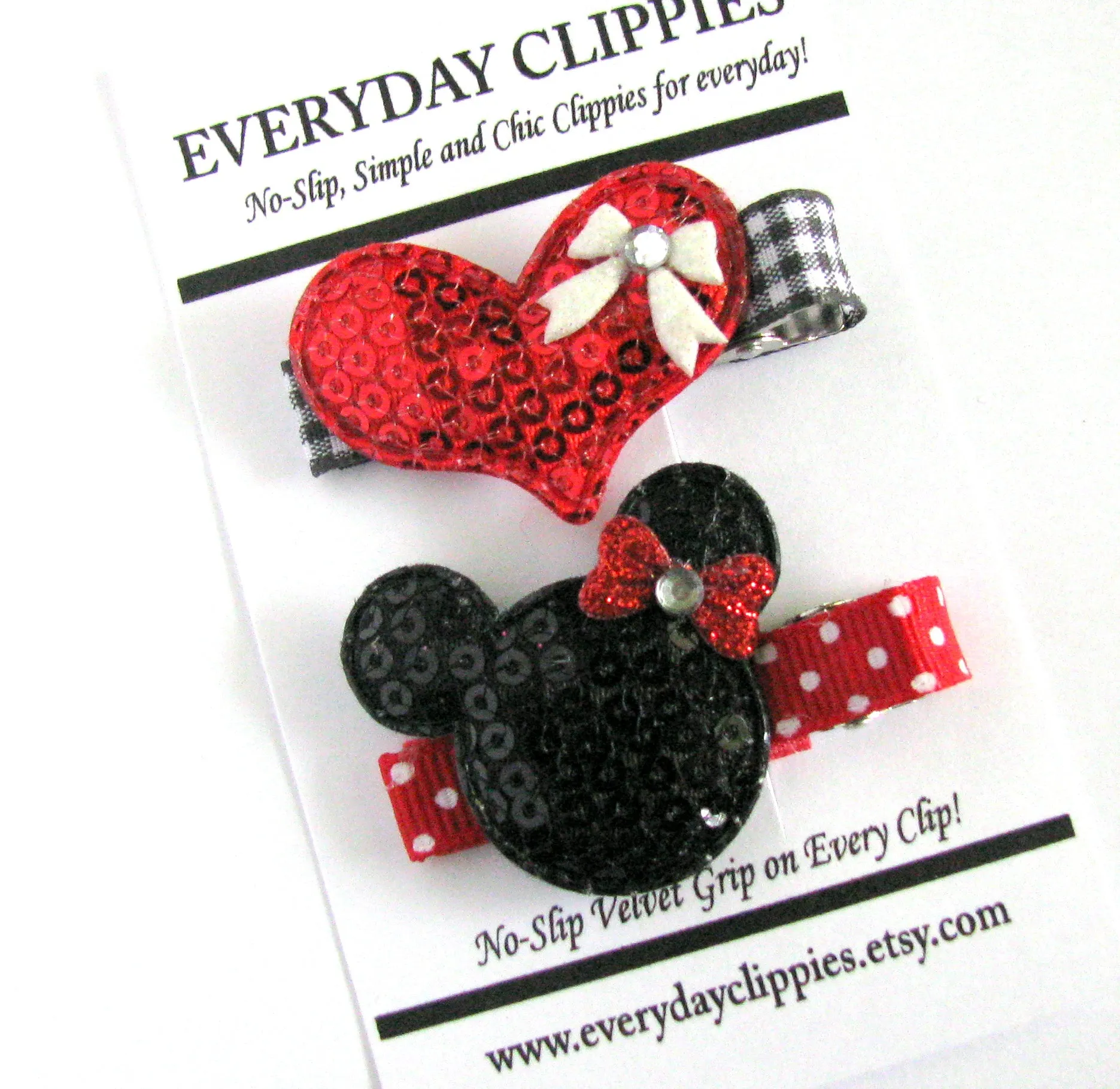 Sequin Mouse with Red Pink Bow and Heart Hair Clip Set