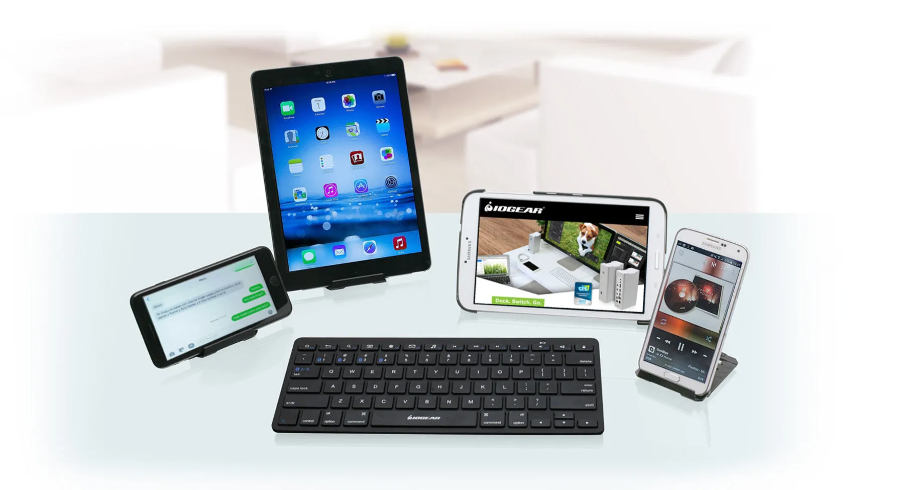 Slim Multi-Device Bluetooth Keyboard with Adjustable Stand for Smartphones and Tablets