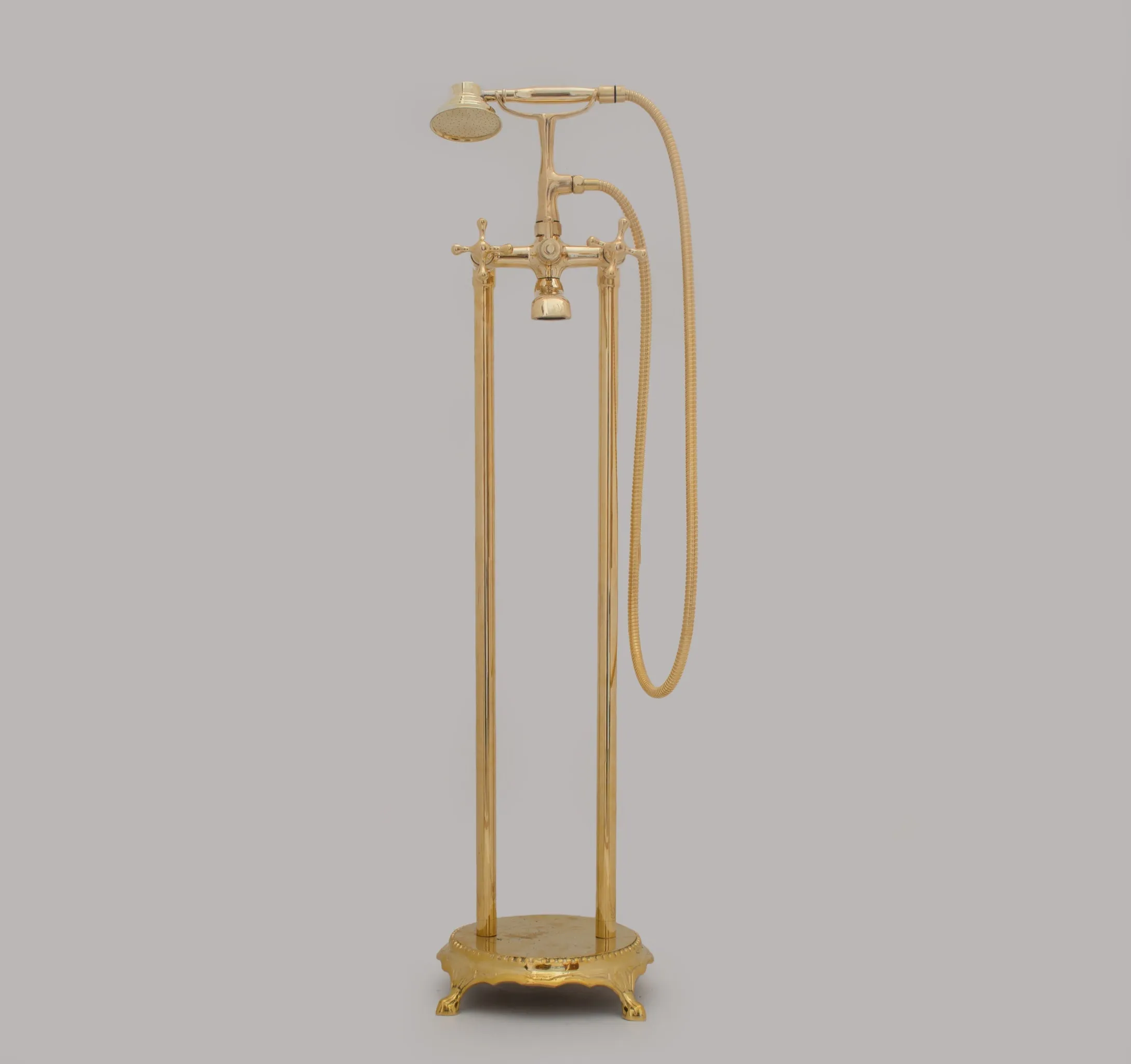 Unlacquered Brass Freestanding Tub Filler, Solid Brass Tub Faucet With Handheld, Floor Mount Bathtub Faucet