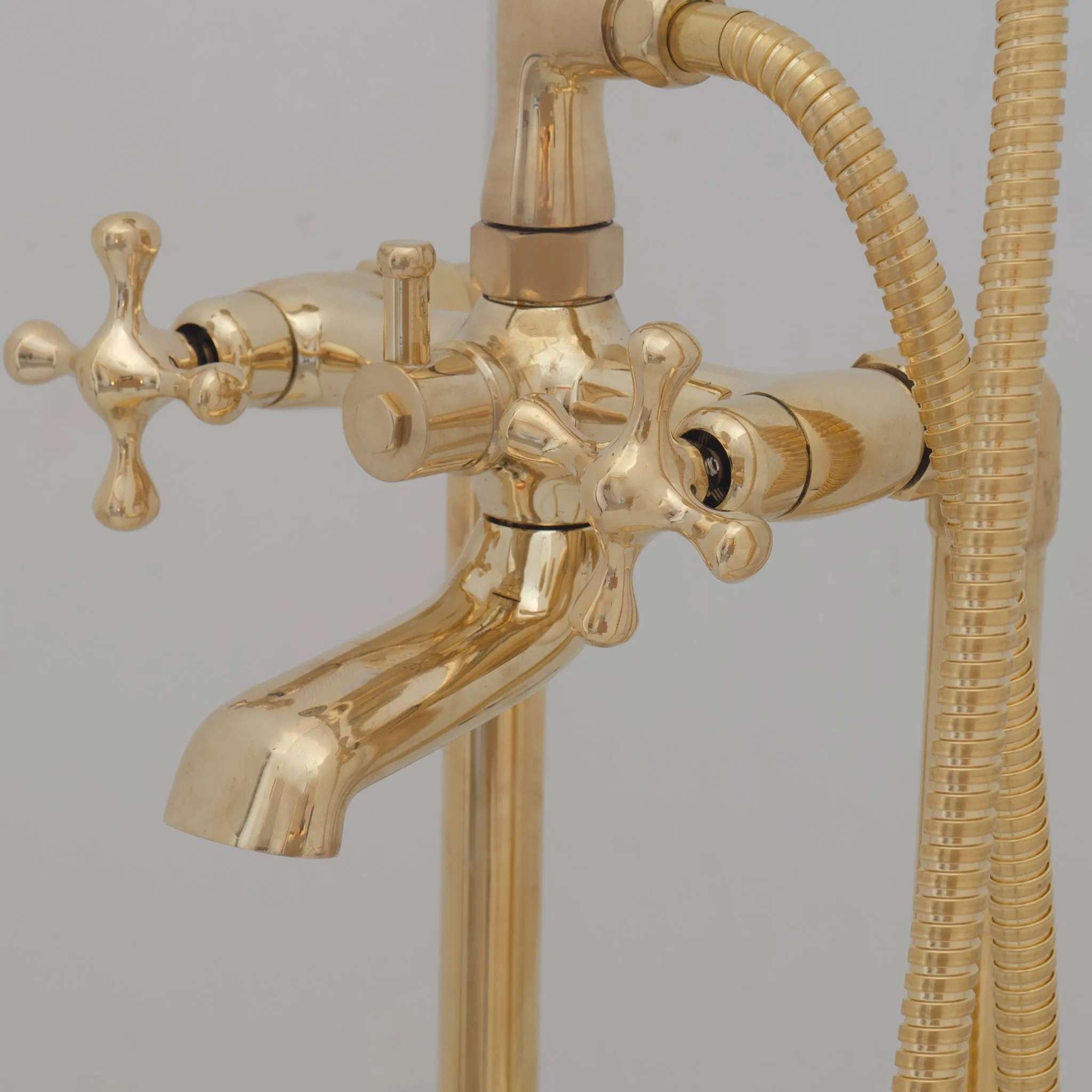 Unlacquered Brass Freestanding Tub Filler, Solid Brass Tub Faucet With Handheld, Floor Mount Bathtub Faucet