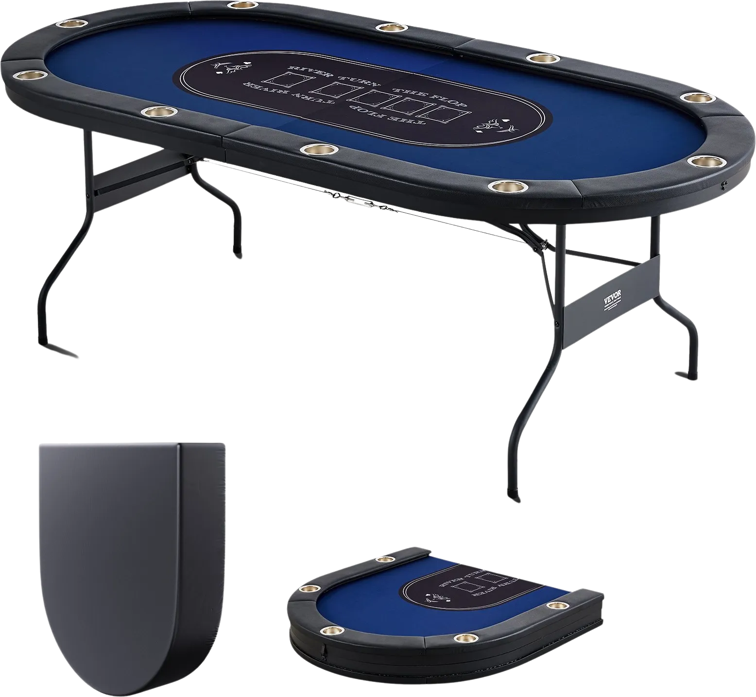 Vevor Poker Table 10-Player Foldable 84" Oval with Padded Rails and Cup Holders Blue New