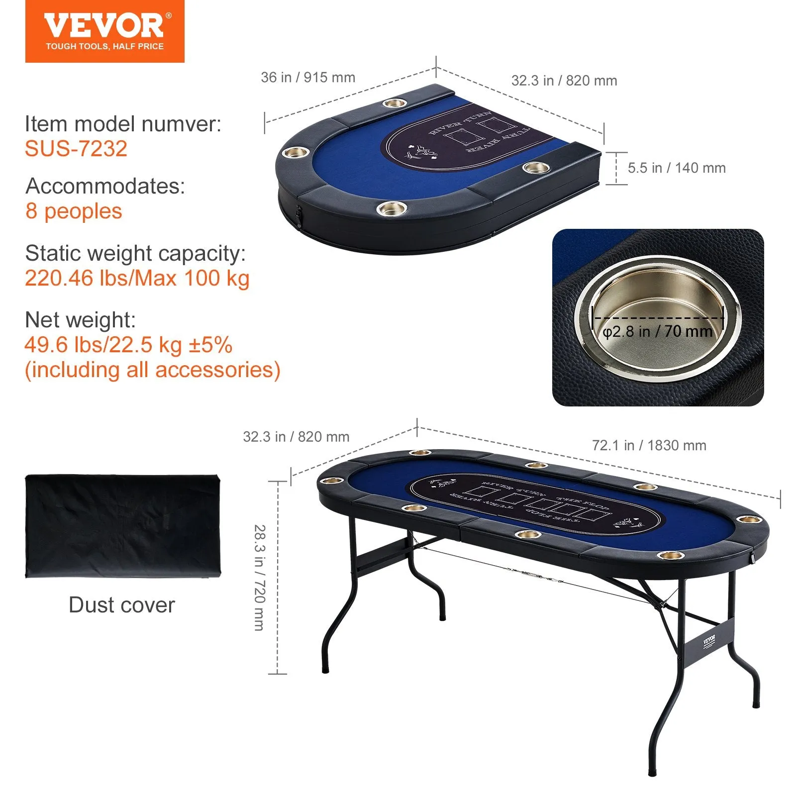 Vevor Poker Table 8-Player Foldable 72" Oval with Padded Rails and Cup Holders Blue New