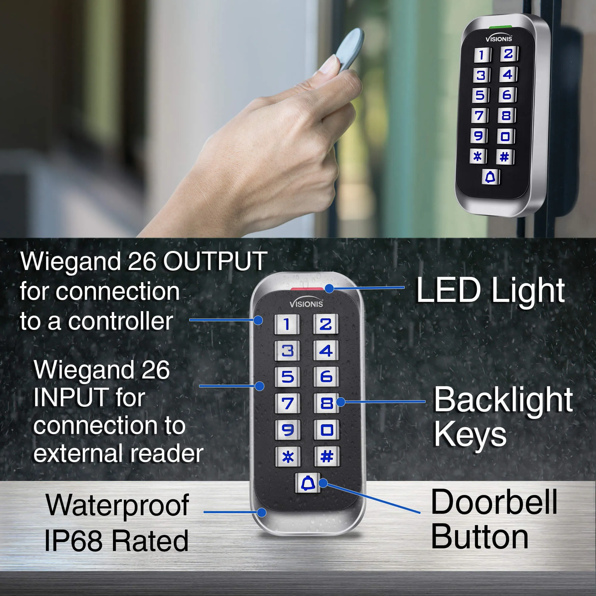 Visionis VIS-3005 - Access Control Indoor   Outdoor Rated IP68 Metal Anti Vandal Keypad   Reader Standalone with Mini Controller   Wiegand 26, Slim Design, No Software, EM Cards, 1000 Users